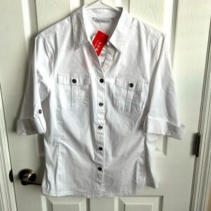 Emily Daniels White Stretch Button Down 3/4‎ Sleeve Shirt